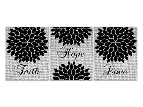 Faith Hope Love Prints, Red Burlap Effect Art, 1 Corinthians 13:13, Christian Home Decor, Religious Wall Art, Black Bedroom Decor - HOME617