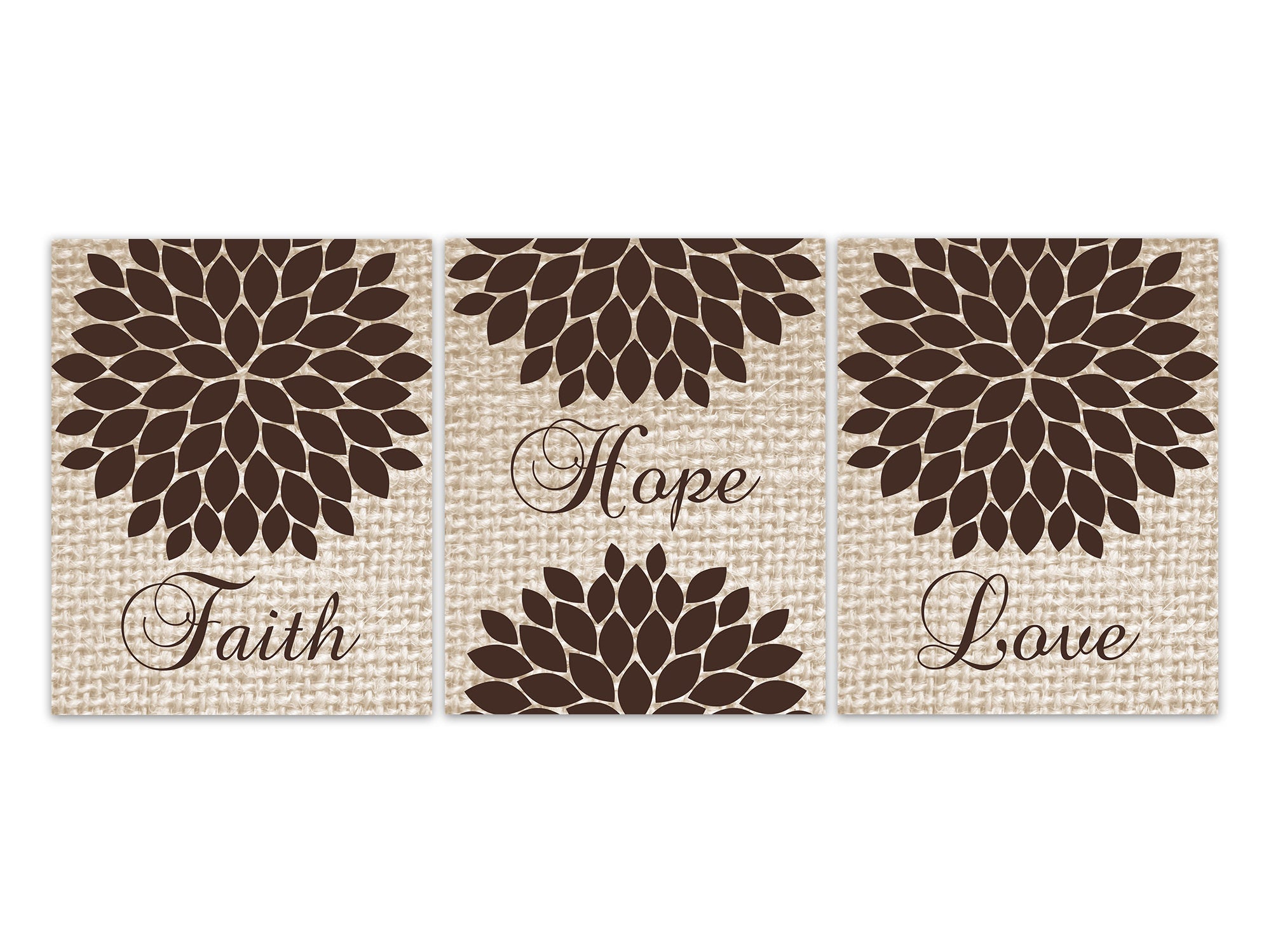 Faith Hope Love Prints, Red Burlap Effect Art, 1 Corinthians 13:13, Christian Home Decor, Religious Wall Art, Brown Bedroom Decor - HOME620