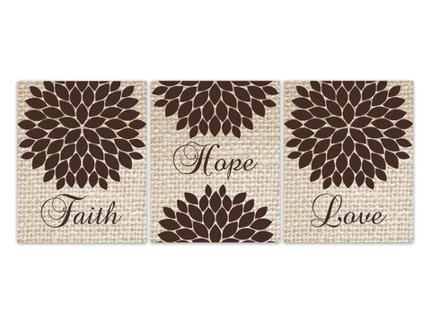 Faith Hope Love Prints, Red Burlap Effect Art, 1 Corinthians 13:13, Christian Home Decor, Religious Wall Art, Brown Bedroom Decor - HOME620