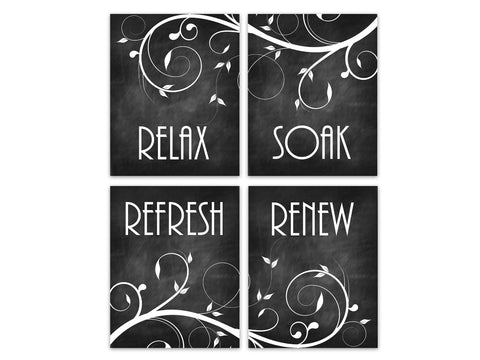 Black & White Chalkboard Scroll Bathroom 4pc Wall Art "Relax Soak Refresh Renew" - BATH342
