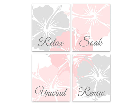 Pink & Gray Hibiscus Bathroom 4pc Wall Art "Relax Soak Refresh Renew" - BATH347