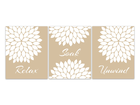 Relax Soak Unwind, Bathroom CANVAS Wall Art, Tan and White Bathroom Decor, Modern Bathroom Art, Set of 3 Bath Art Prints - BATH332