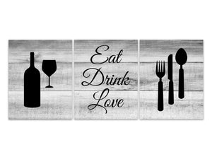 Rustic Kitchen Art, Eat Drink Love, Fork Spoon Wall Decor, Wine Glass Art, Wood Effect Home Decor Wall Art, Black Kitchen Decor - HOME587