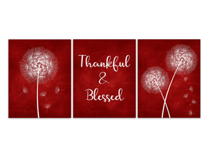 Thankful and Blessed Sign, Wall Art Prints or Canvas, Red Home Decor, Blessing Signs, Dining Room Decor, Dandelion Kitchen Art - HOME574