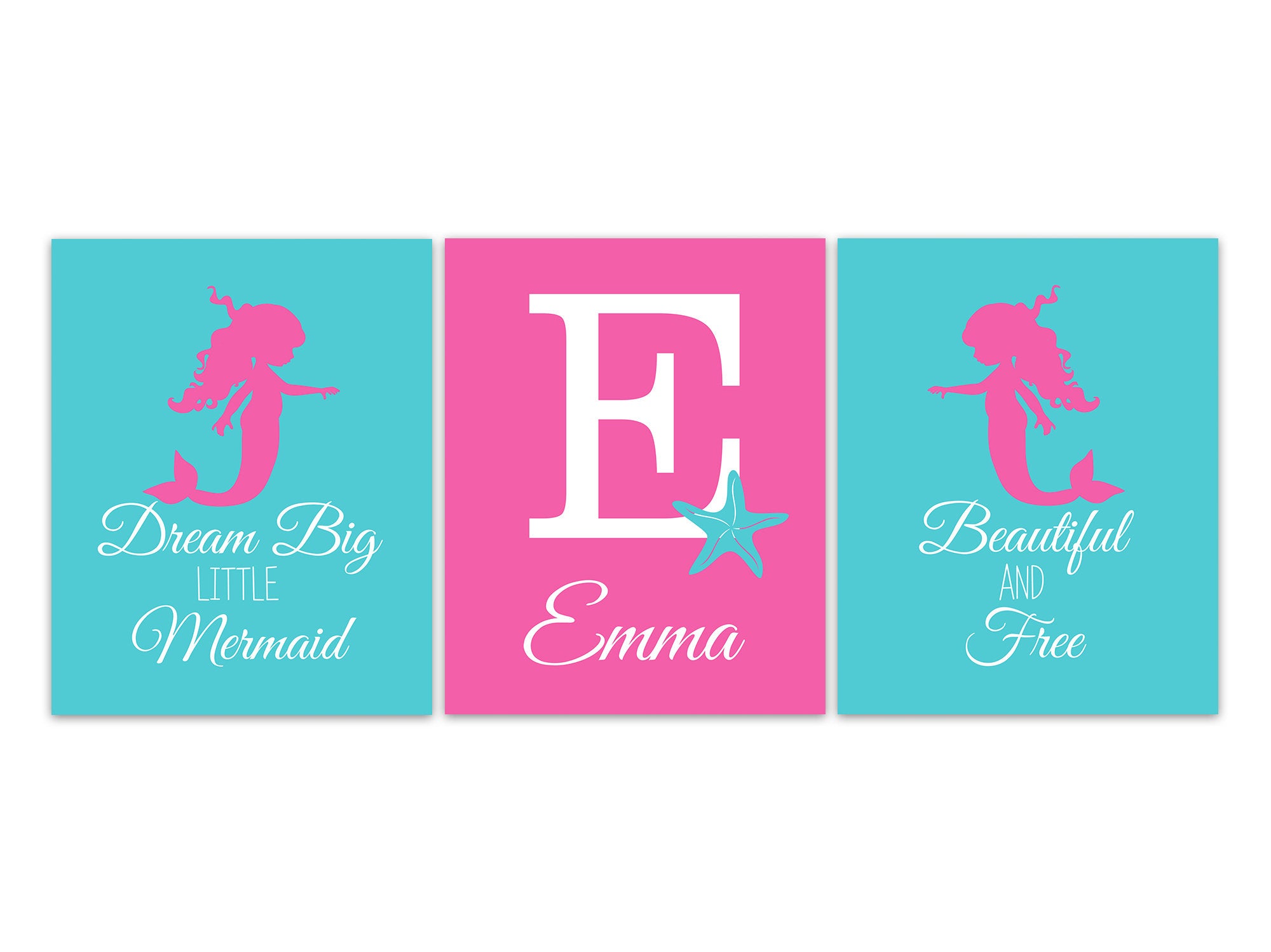 Dream Big Little Mermaid, Beautiful and Free, Personalized Mermaid Nursery Wall Art Prints or Canvas, Pink and Aqua Mermaid Decor - KIDS325
