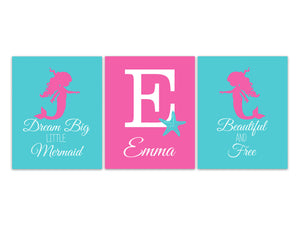 Dream Big Little Mermaid, Beautiful and Free, Personalized Mermaid Nursery Wall Art Prints or Canvas, Pink and Aqua Mermaid Decor - KIDS325