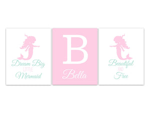 Dream Big Little Mermaid, Beautiful and Free, Personalized Mermaid Nursery Wall Art Prints or Canvas, Pink Mermaid Decor - KIDS327