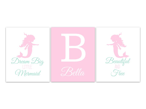 Dream Big Little Mermaid, Beautiful and Free, Personalized Mermaid Nursery Wall Art Prints or Canvas, Pink Mermaid Decor - KIDS327