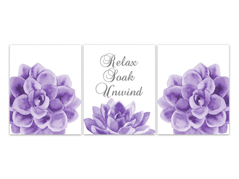 Relax Soak Unwind, Purple Succulent Art, Purple Home Decor, Bathroom Wall Decor, Bedroom Wall Art, Botanical Art, Wall Hangings - BATH333