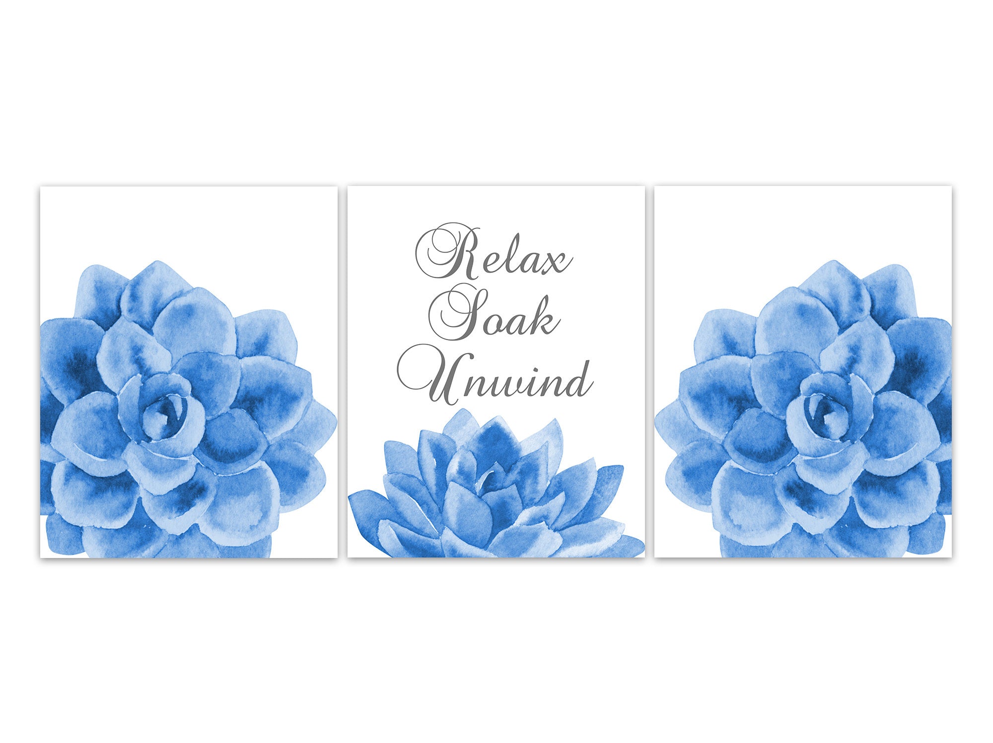blue succulent wall art Relax Soak Unwind, Blue Succulent Art, Blue Bathroom Decor, Bathroom Quote, Bathroom Wall Art, Botanical Art, Wall Hangings