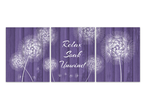 Purple Bathroom Wall Art, Relax Soak Unwind Bathroom CANVAS, Dandelion Wall Art, Dandelion Bathroom Decor, Set of 3 Bath Art Prints -BATH335