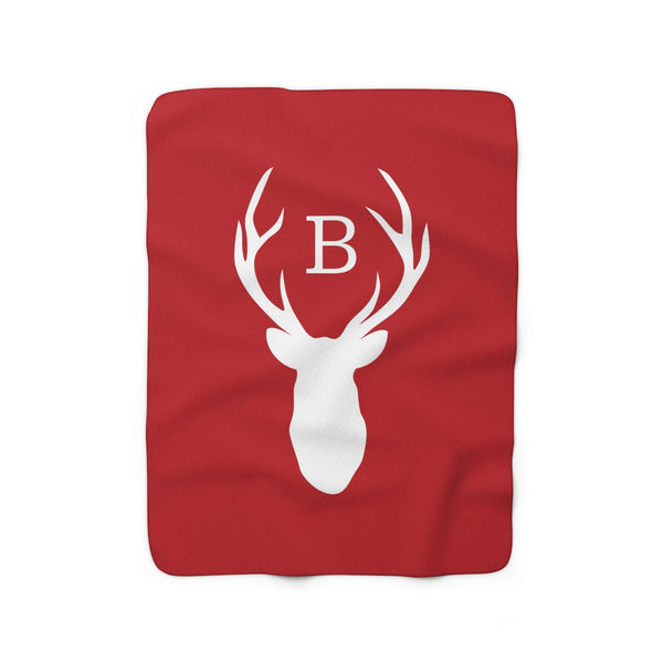Red Monogram Deer Head Antler Sherpa Fleece Blanket, Personalized Outdoor Throw Blanket - SFB16