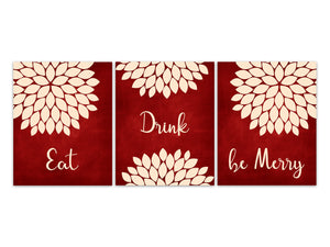 Eat Drink be Merry Kitchen Quote Art Prints, Red Kitchen Decor, Farmhouse Decor, Red Dining Room Canvas Wall Art - HOME591
