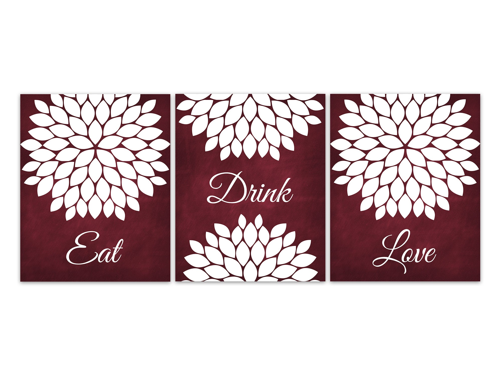 Eat Drink Love, Floral Kitchen Art, Burgundy and White Kitchen Decor, Burgundy Dining Room Wall Art Prints, Kitchen Wall Art - HOME592