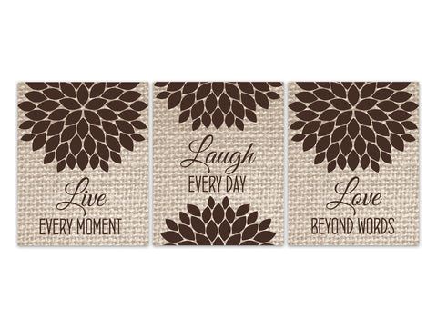 Live Every Moment, Laugh Every Day, Love Beyond Words, Vintage Decor Wall Art, Burlap Effect Family Quote Canvas or Prints - HOME602