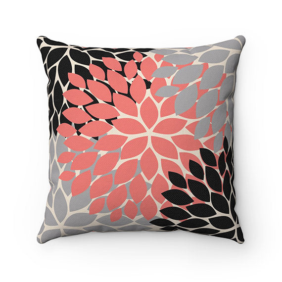 Coral Black and Gray Flower Throw Pillow Covers, Coral Pillow Cover, Floral Nursery Pillow, Modern Home Decor, Black Gray Bedding - PIL155