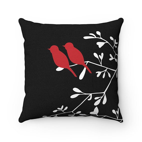 Let's Stay Home Throw Pillow Cover, Love Birds Pillow Cover, Birds and Branches Accent Pillow, Bedroom Decor, Black Home Decor - PIL162