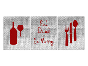 Red Kitchen Art, Eat Drink & Be Merry, Fork Spoon Wall Decor, Wine Glass Art, Burlap Effect Home Decor Wall Art, Rustic Kitchen - HOME606