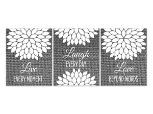 Live Every Moment, Laugh Every Day, Love Beyond Words, Vintage Decor Wall Art, Gray Burlap Effect Family Quote Canvas or Prints - HOME612