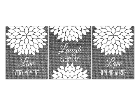 Live Every Moment, Laugh Every Day, Love Beyond Words, Vintage Decor Wall Art, Gray Burlap Effect Family Quote Canvas or Prints - HOME612