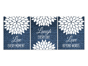Live Every Moment, Laugh Every Day, Love Beyond Words, Vintage Decor Wall Art, Blue Burlap Effect Family Quote Canvas or Prints - HOME613