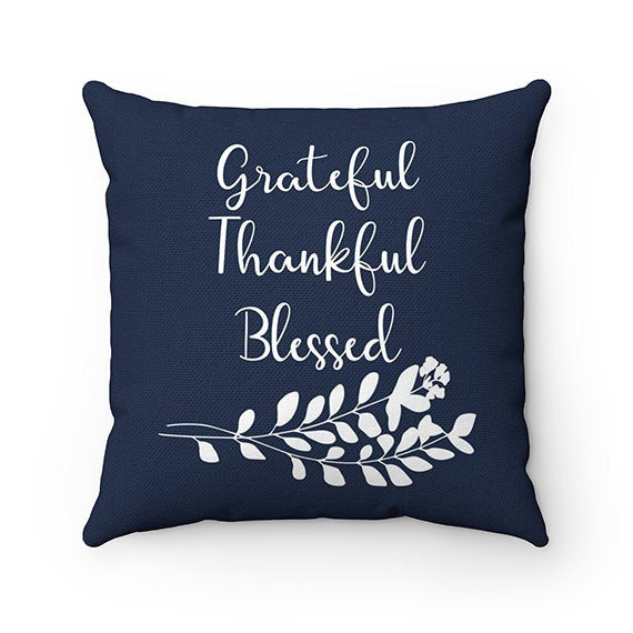 Monogram Throw Pillow with Sayings Grateful Thankful Blessed, Blue Couch Pillow, Accent Pillow, Personalized Holiday Pillow Cover - PIL175