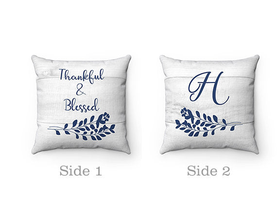 Monogram Throw Pillow with Sayings Thankful & Blessed, Farmhouse Accent Pillow, Personalized Pillow Cover, Farmhouse Decor - PIL177