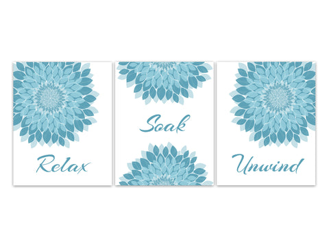 Relax Soak Unwind, Bathroom Wall Art, Bathroom CANVAS, Bathroom Flower Burst Art, Teal Bathroom Art, Set of 3 Bath Art Prints - BATH352