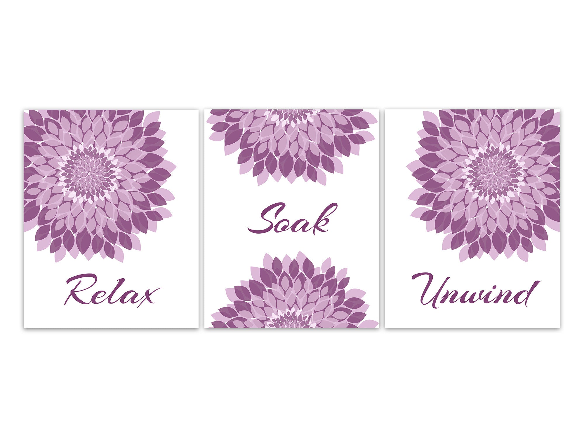 Relax Soak Unwind, Bathroom Wall Art, Bathroom CANVAS, Bathroom Flower Burst Art, Purple Bathroom Art, Set of 3 Bath Art Prints - BATH353