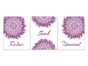 Relax Soak Unwind, Bathroom Wall Art, Bathroom CANVAS, Bathroom Flower Burst Art, Purple Bathroom Art, Set of 3 Bath Art Prints - BATH353