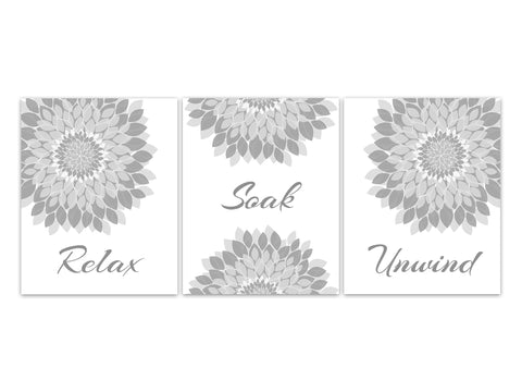 Relax Soak Unwind, Bathroom Wall Art, Bathroom CANVAS, Bathroom Flower Burst Art, Gray Bathroom Art, Set of 3 Bath Art Prints - BATH355