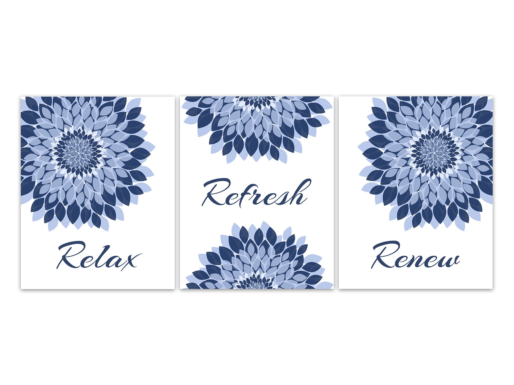 Relax Refresh Renew, Bathroom Wall Art, Bathroom CANVAS, Bathroom Flower Burst Art, Blue Bathroom Art, Set of 3 Bath Art Prints - BATH356