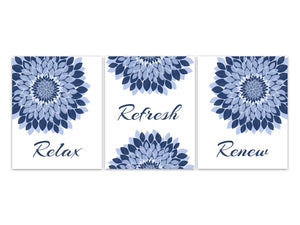 Relax Refresh Renew, Bathroom Wall Art, Bathroom CANVAS, Bathroom Flower Burst Art, Blue Bathroom Art, Set of 3 Bath Art Prints - BATH356