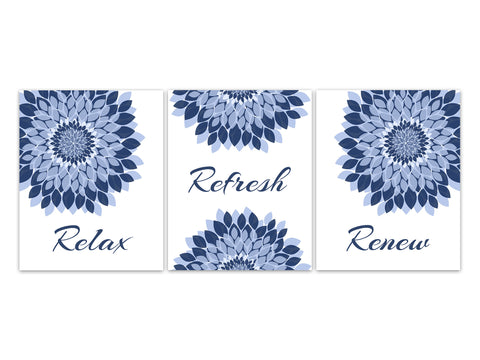 Relax Refresh Renew, Bathroom Wall Art, Bathroom CANVAS, Bathroom Flower Burst Art, Blue Bathroom Art, Set of 3 Bath Art Prints - BATH356