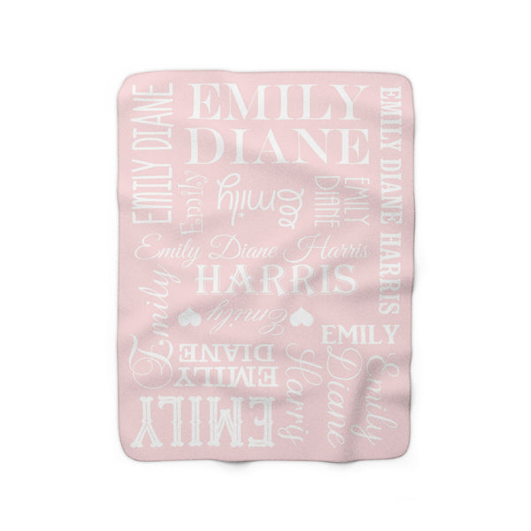 Pink & White Word Cloud Kids Name Sherpa Fleece Blanket, Personalized Kids Throw Blanket - SFB21