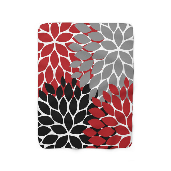 Red, Black & Gray Flower Burst Sherpa Fleece Blanket, Outdoor Throw Blanket - SFB4