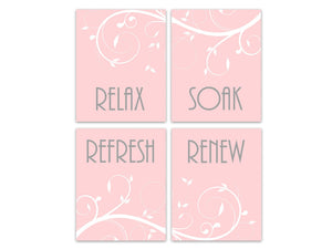 Pink & Gray Scroll Bathroom 4pc Wall Art "Relax Soak Refresh Renew" - BATH341