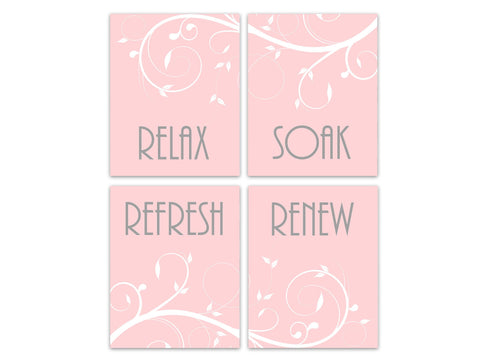 Pink & Gray Scroll Bathroom 4pc Wall Art "Relax Soak Refresh Renew" - BATH341