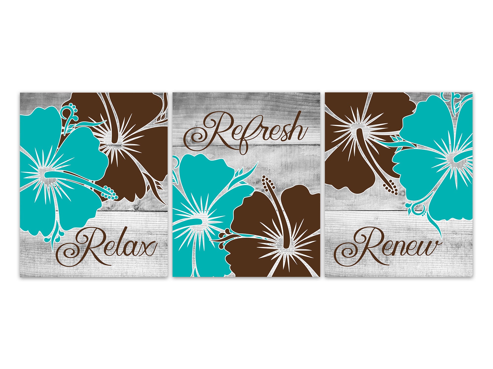 Teal and Brown Bathroom Wall Art Prints or Canvas, Relax Refresh Renew, Hibiscus Bathroom Art, Set of 3 Farmhouse Bath Prints - BATH350