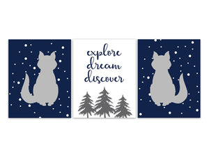Explore Dream Discover, Woodland Nursery CANVAS or Wall Art Prints, Baby Boys Room Decor, Fox Artwork, Boys Nursery Decor - KIDS370
