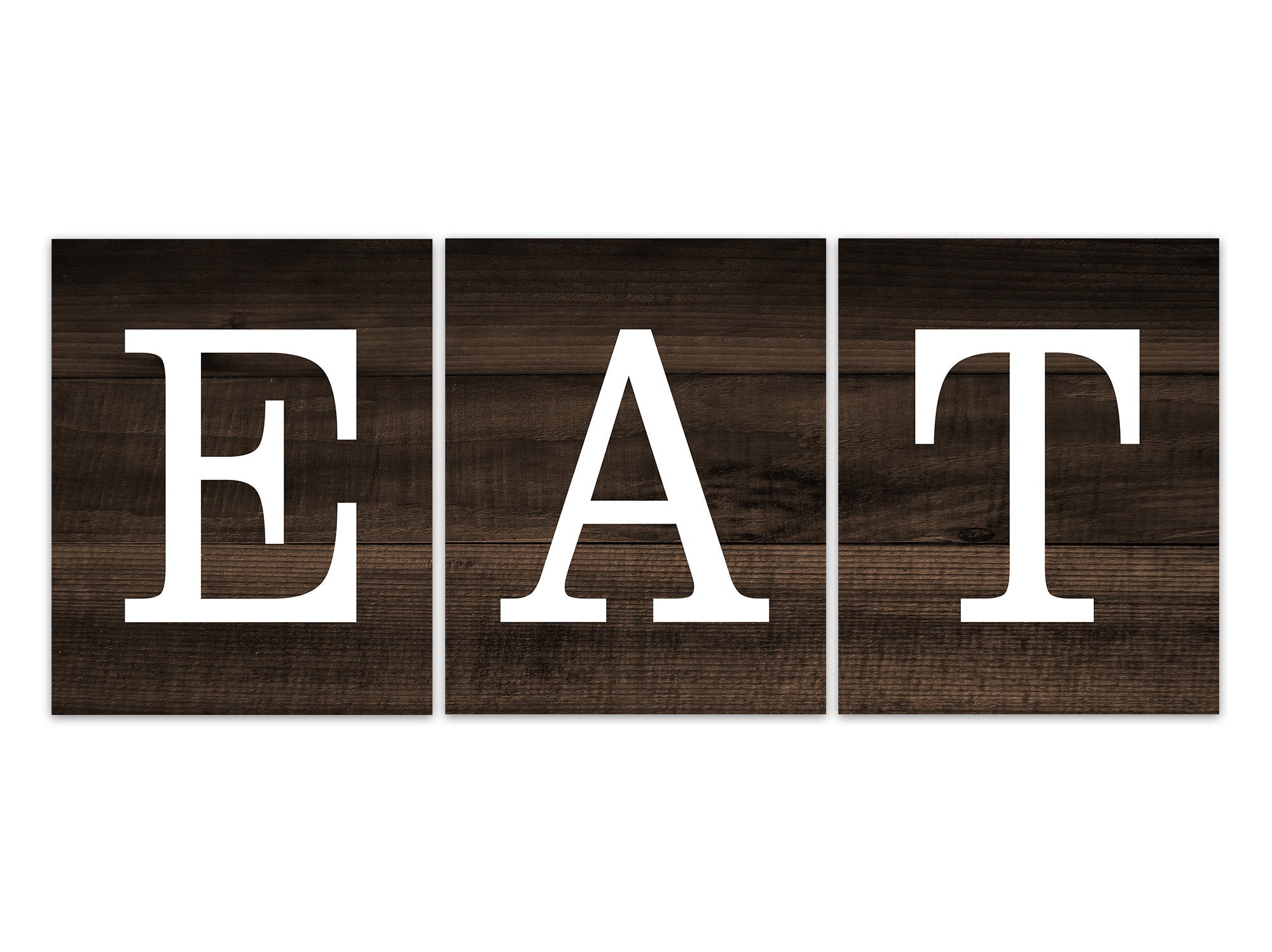 Brown Rustic Dining Room Wall Art Prints, Wood Effect EAT Sign, Farmhouse Kitchen Decor, Rustic Decor, Brown Dining Room Decor - HOME628