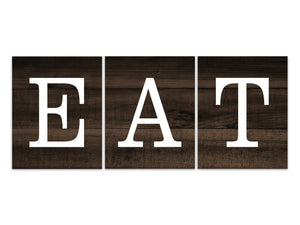 Brown Rustic Dining Room Wall Art Prints, Wood Effect EAT Sign, Farmhouse Kitchen Decor, Rustic Decor, Brown Dining Room Decor - HOME628