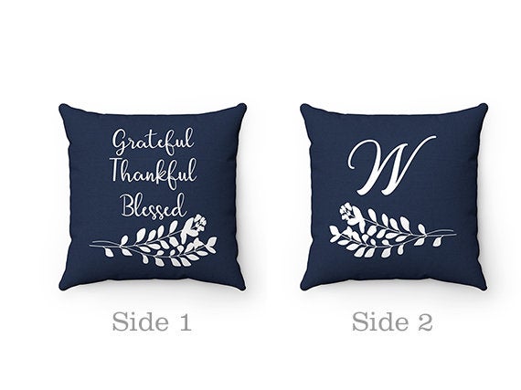 Monogram Throw Pillow with Sayings Grateful Thankful Blessed, Blue Couch Pillow, Accent Pillow, Personalized Holiday Pillow Cover - PIL175