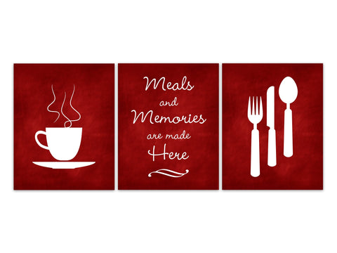 Meals and Memories Are Made Here, Red Kitchen Canvas or Prints, Dining Room Wall Decor, Fork and Spoon Art, Coffee Wall Art - HOME670