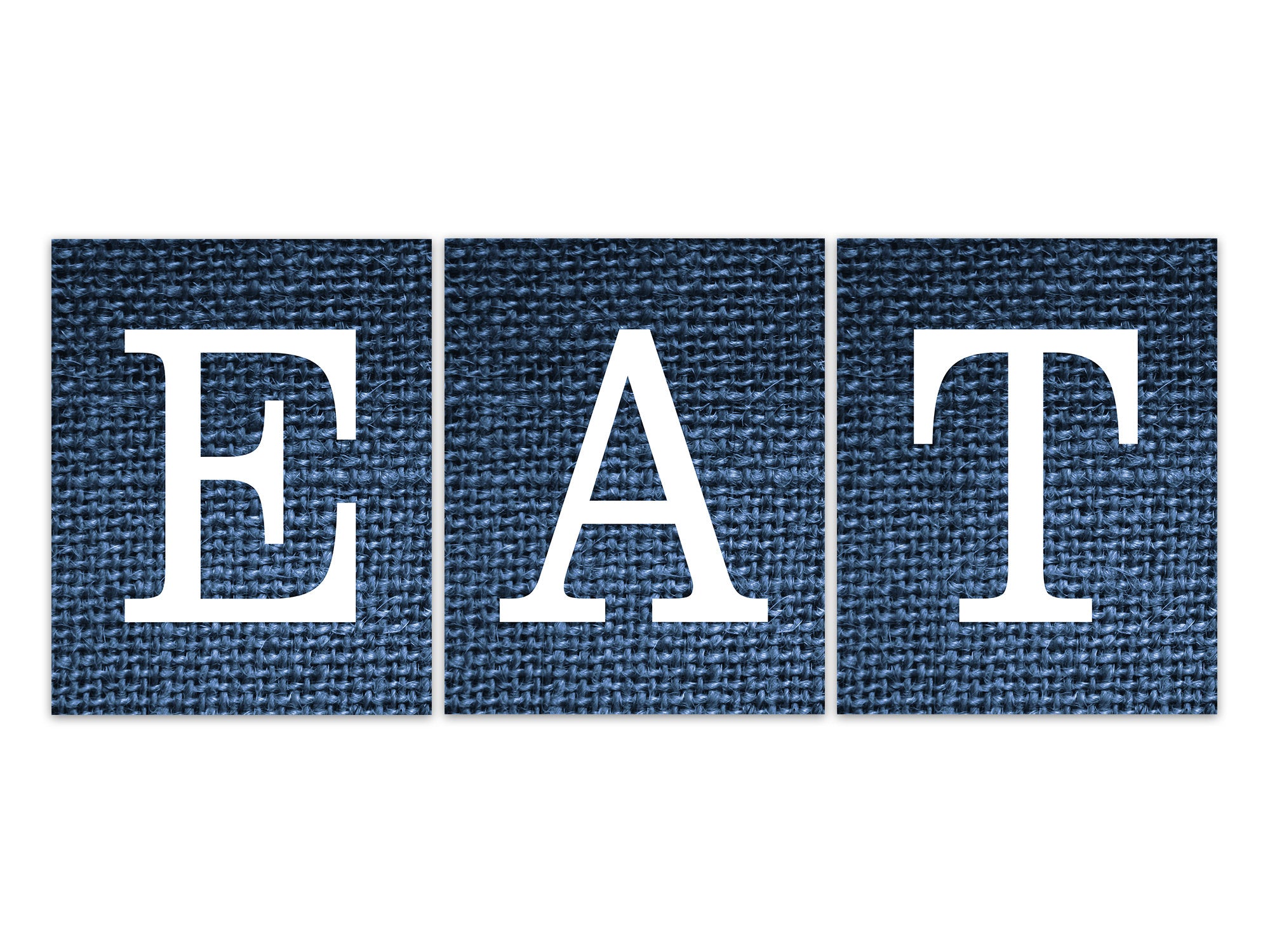 EAT Sign, Kitchen Wall Art Canvas or Prints, Blue and White Dining Room Wall Art, Farmhouse Kitchen Decor, Burlap Effect Artwork - HOME626