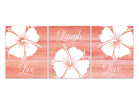 Farmhouse Decor, Live Laugh Love CANVAS or PRINTS, Coral Bedroom Wall Art, Coral Nursery Wall Art, Hibiscus Bedroom Decor - HOME657