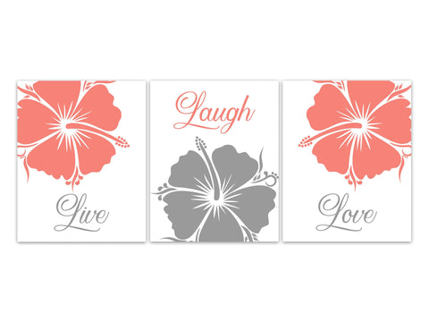 Coral Home Decor, Live Laugh Love CANVAS or PRINTS, Coral Bedroom Wall Art, Coral Gray Nursery Wall Art, Hibiscus Bedroom Decor - HOME658