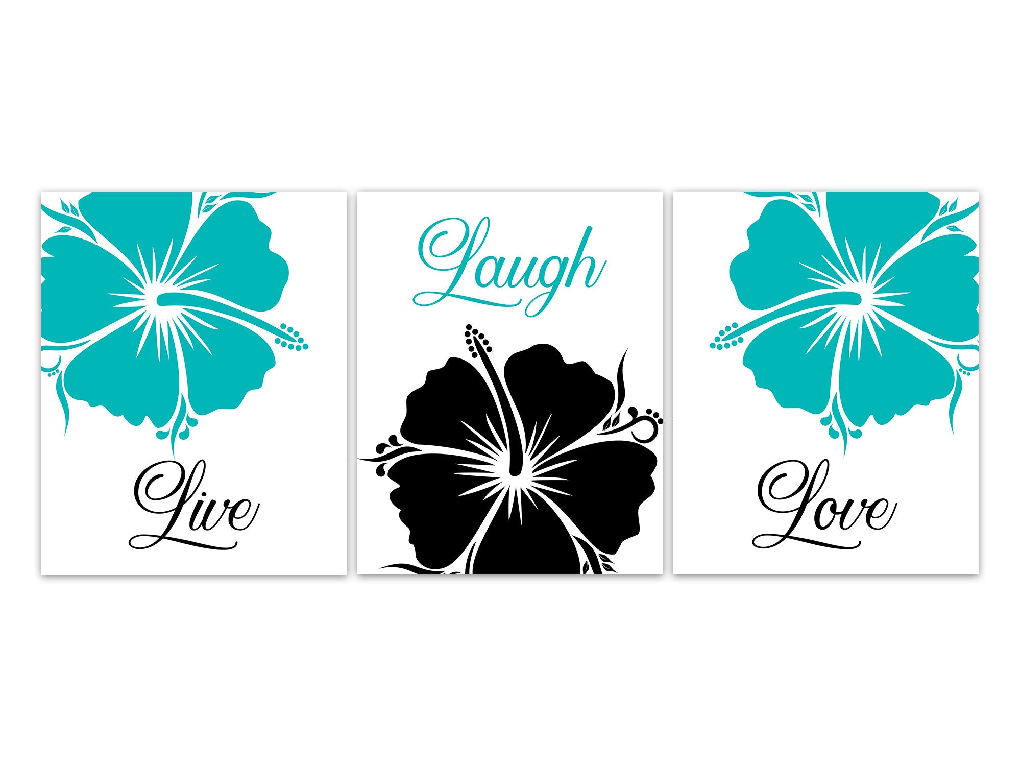 Turquoise Home Decor, Live Laugh Love CANVAS or PRINTS, Teal and Black Bedroom Wall Art, Hibiscus Bedroom Decor, Tropical Decor - HOME659