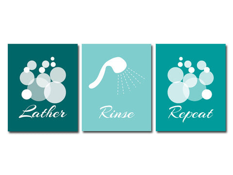 Bathroom Wall Art PRINTS or CANVAS, Lather Rinse Repeat, Aqua Bathroom Decor, Modern Bathroom Art Print, Set of 3 Home Decor - BATH1