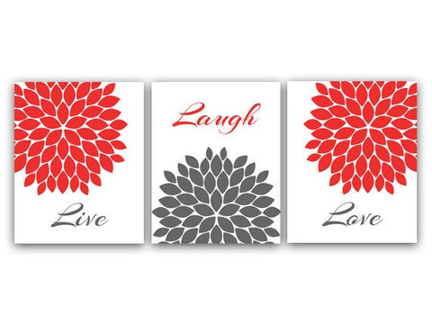 Live Laugh Love CANVAS, Flower Burst Artwork PRINTS, Coral and Gray Home Decor, Bathroom Wall Art, Bedroom Decor, Nursery Art Print - HOME17